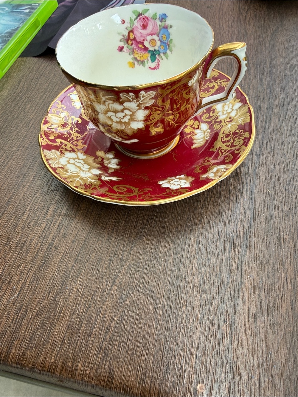 Red and Gold Floral Porcelain Teacup & Saucer
